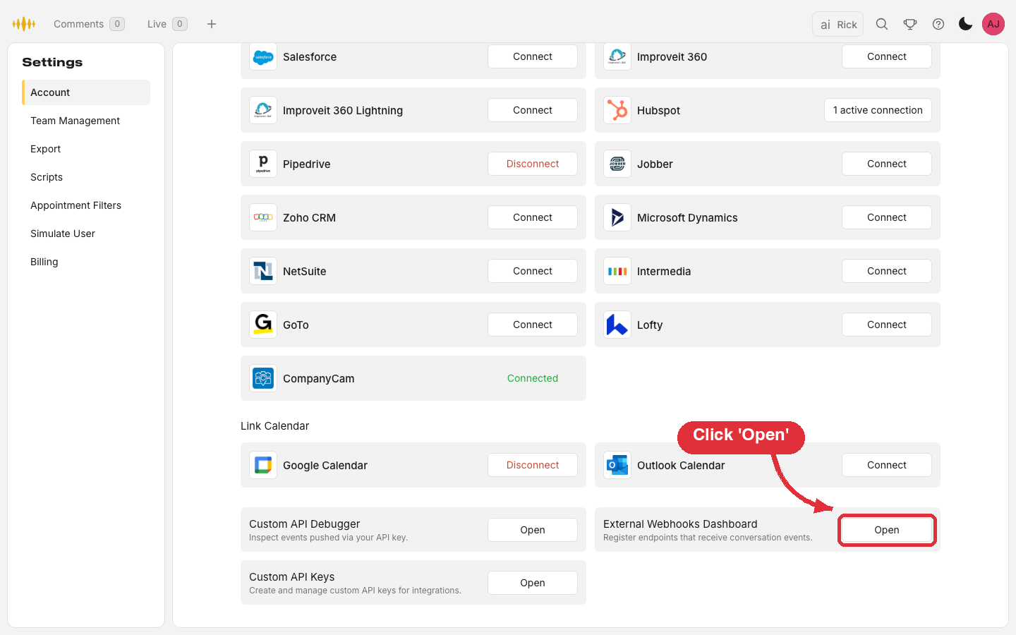 Settings page with the Open button highlighted on the External Webhooks Dashboard row