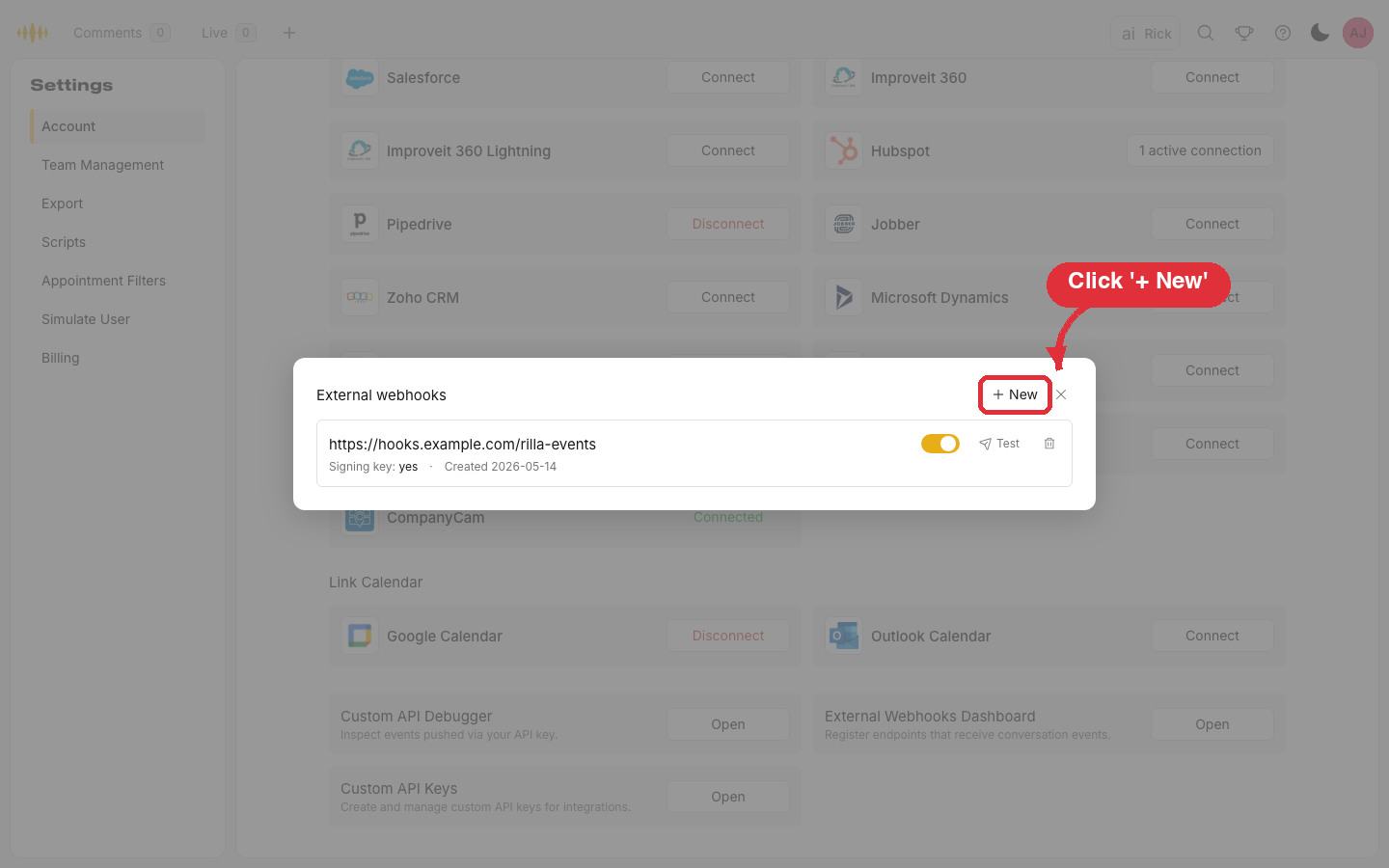 External webhooks dialog with the + New button highlighted