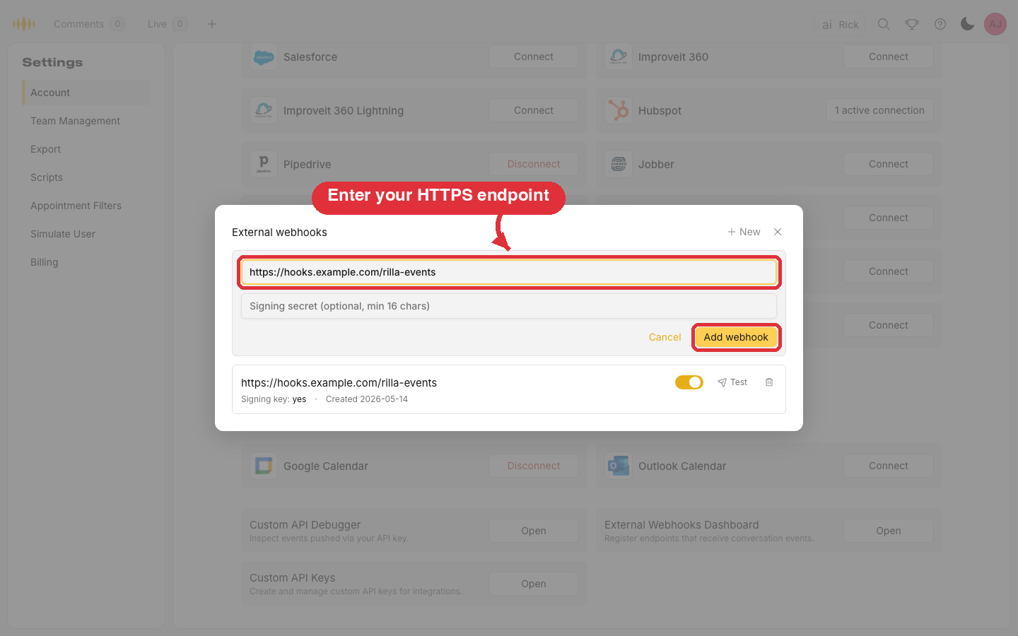 Add webhook form with the URL field and Add webhook button highlighted